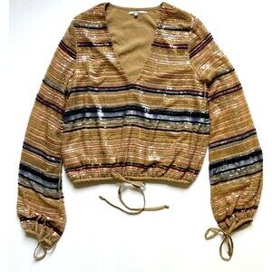 Tularosa Revolve Top Womens XS Sequin Striped Cropped Long Sleeve Cocktail Party